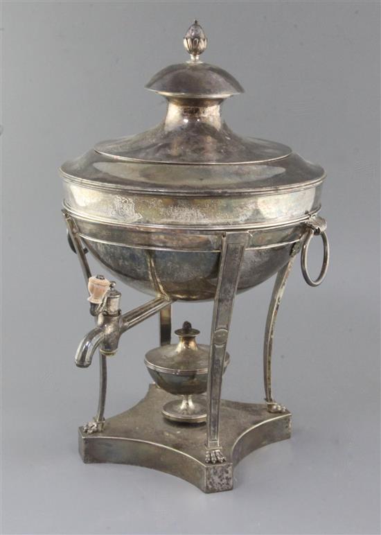 A George III silver tea urn on stand with burner, by John Wakelin & Robert Garrard, engraved with the Heneage family Arms,
